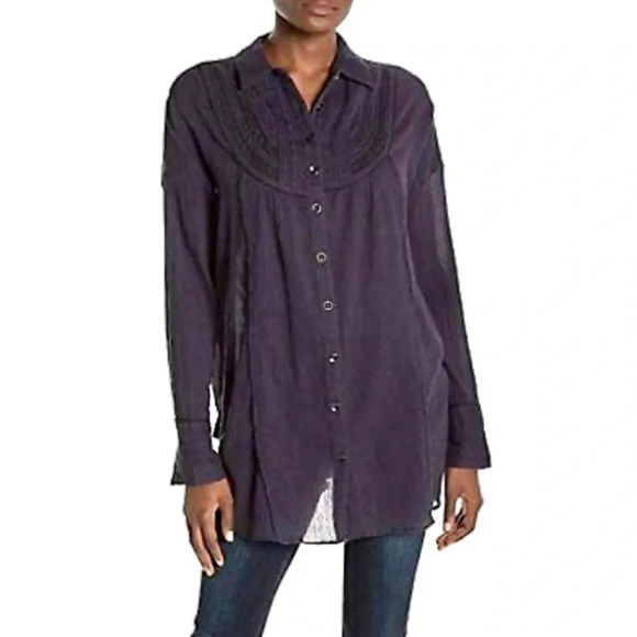NWT Free People Midnight Navy Amore Gauze Button Down Shirt Size Small - Picture 1 of 13